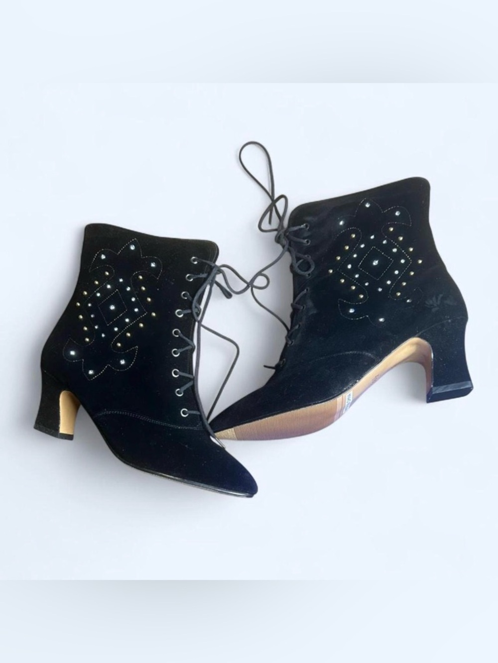 Retro Women's Black Lace-Up Ankle Boots with Stud Detail